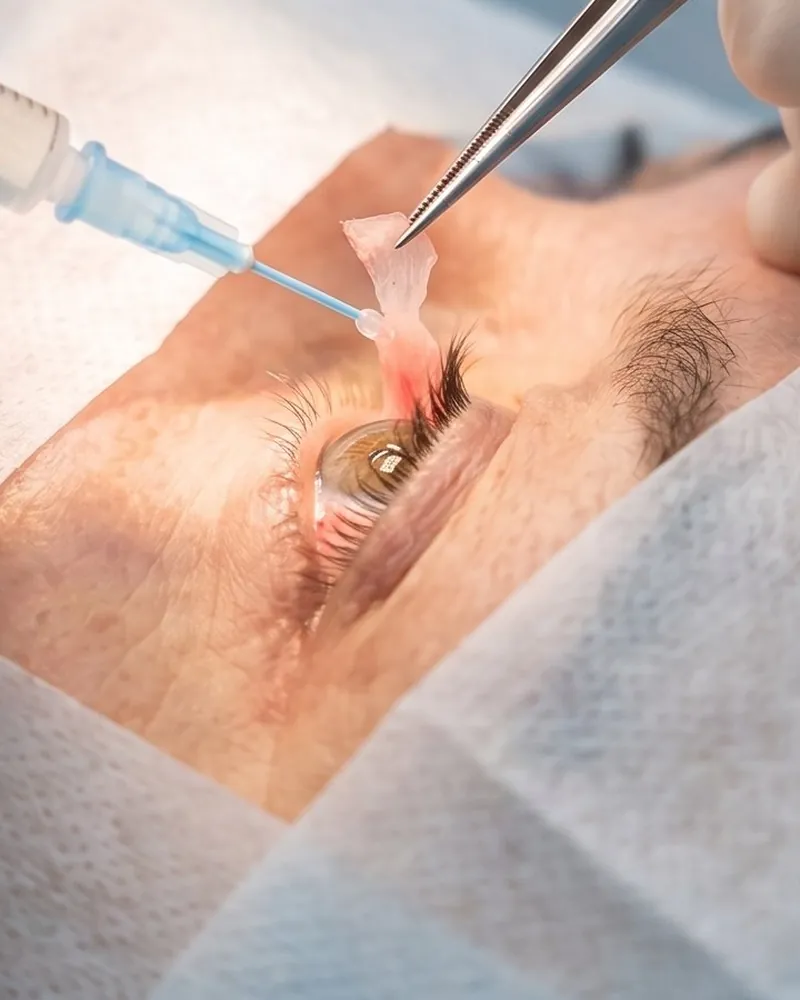 Imagem ilustrativa de cirurgia na superfície do olho, com pinça e seringa