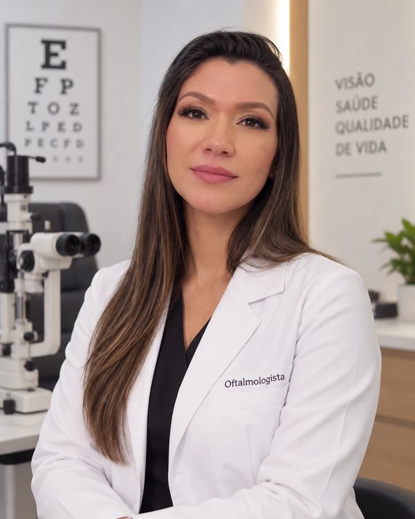 Dra. Anne Julie, oftalmologista, de jaleco branco, com a lâmpada de fenda e a tabela de letras ao fundo